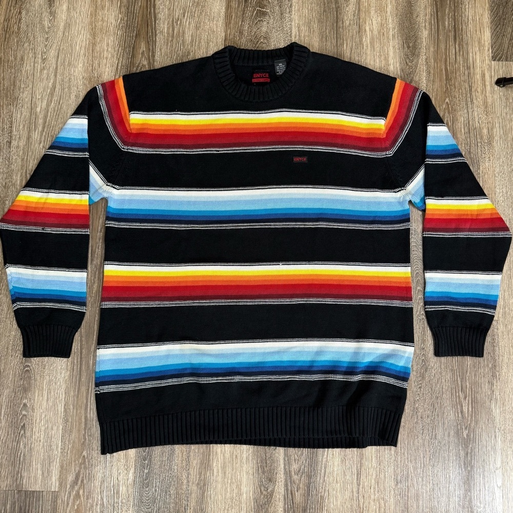 ENYCE Men's Crewneck Sweater Black w/ Colorful stripes‎ sz2XL Streetwear 90s Y2K